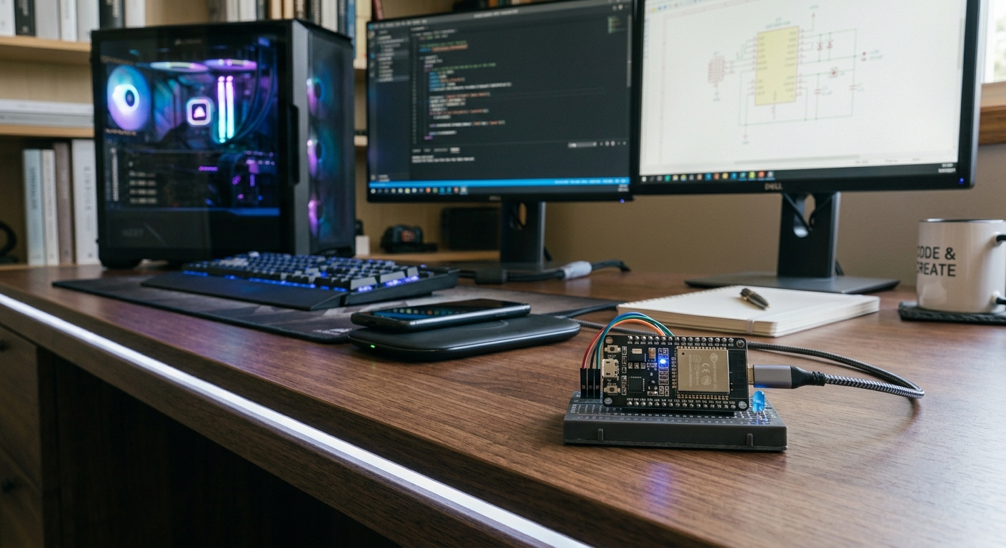 Плата ESP32: питание по USB, подключена к домашнему Wi-Fi и раз в пять минут проверяет, не пришла ли команда